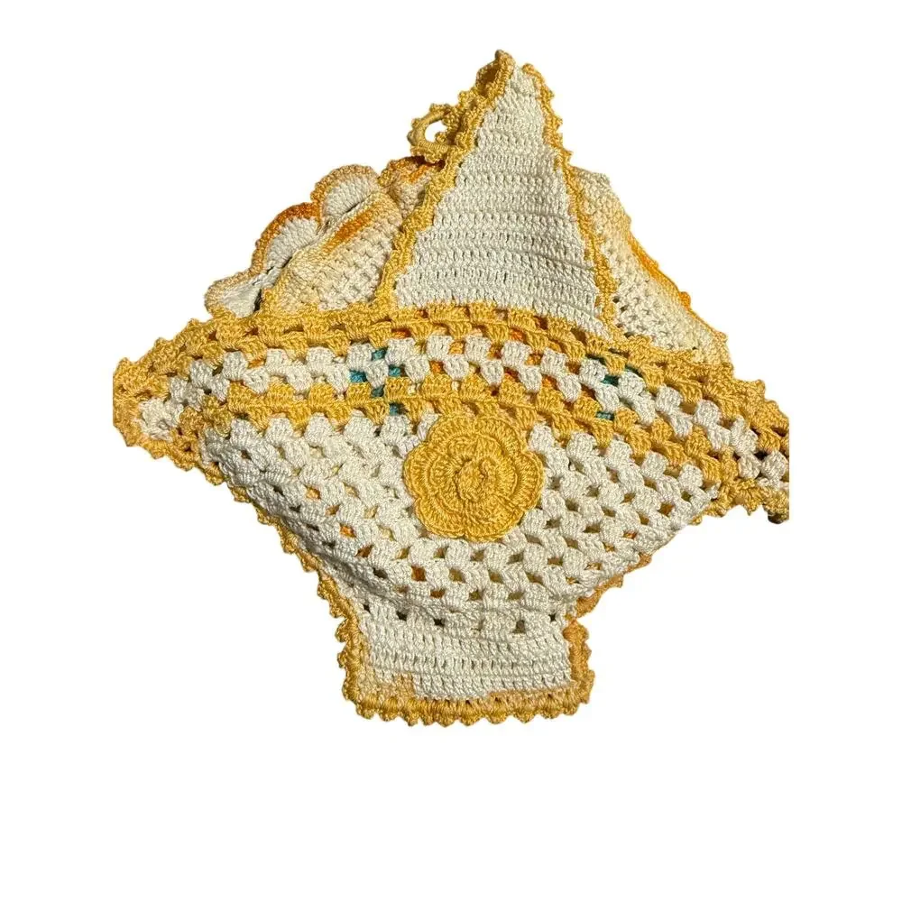 Vintage Handmade Crochet Potholder Trivet Lot Floral Dress Cottagecore Decor